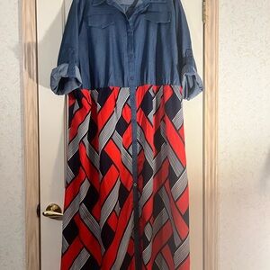 Denim and Red Patterned Maxi Dress